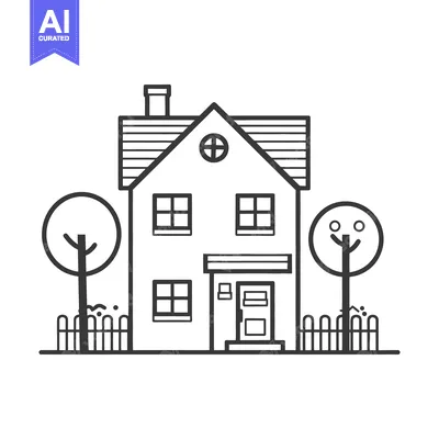 Aset desain premium: A simple outlined illustration of a house with trees and a fence