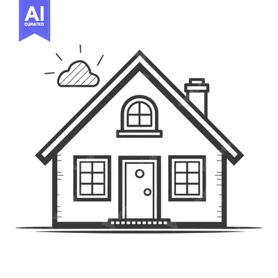 Premium design asset: A simple drawing of a house with a chimney and clouds