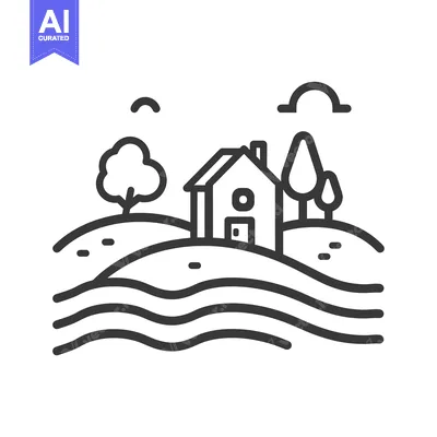 Aset premium populer: House with a tree and rolling hills in a minimalistic line art style