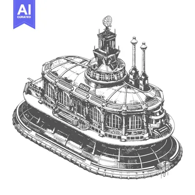 Aset premium populer: A futuristic hovercraft building design floats gracefully