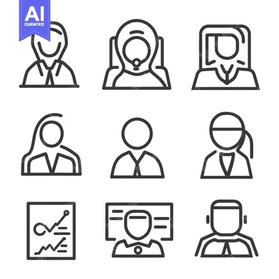 Aset premium populer: Nine black and white line drawings depicting various professional peop
