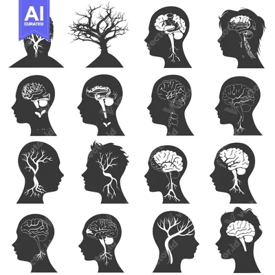 Aset desain premium: Human Silhouettes with Tree Roots, Branches, and Brains