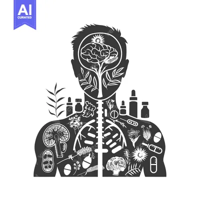 Aset desain premium: Human Silhouette with Plants and Pills Representing Holistic Healthcar
