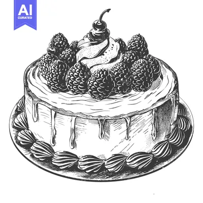 Aset desain premium: Delicious Black and White Cake Drawing With Berries