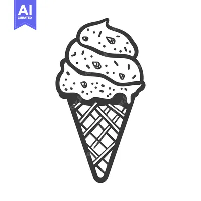 Aset desain premium: A simple black and white drawing of ice cream in a cone