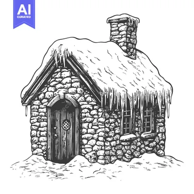 Premium design asset: Stone Cottage Covered in Winter Snow