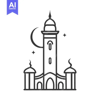 Aset desain premium: A simplistic line drawing of a mosque tower with the moon