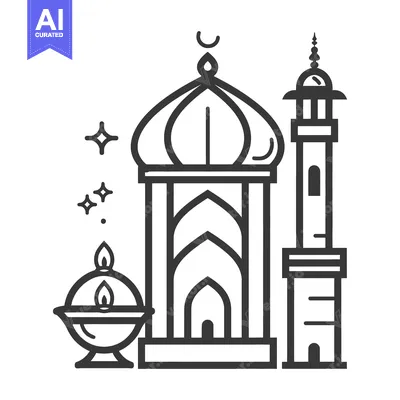 Aset desain premium: A simple line art illustration of mosque and associated symbols
