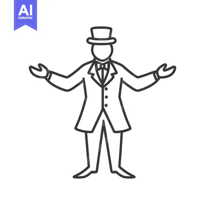 A drawing of a person wearing a hat and suit gesturing
