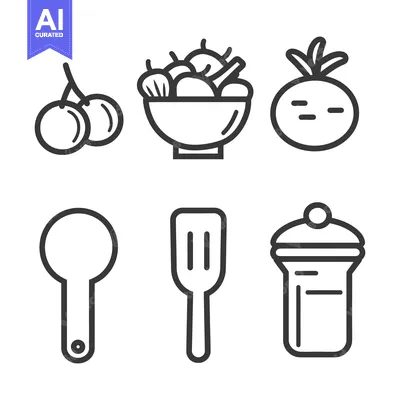 Aset desain premium: Simple graphic outline illustrations of food items and kitchen tools