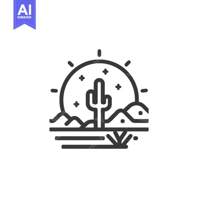 Minimalist Desert Icon: Cactus Silhouette Against Rising Sun and Mount