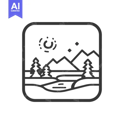 Aset premium populer: Minimalist Mountain Landscape Icon with River, Trees, and Sun
