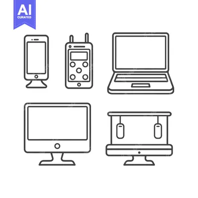 Aset desain premium: Minimalist Line Art: Modern Electronic Devices Icon Set on White Backg