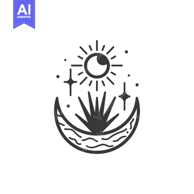 Aset premium populer: A minimalist celestial design featuring sun moon stars and plant