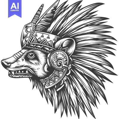 Aset premium populer: Indigenous Animal Head with Feathers and Geometric Patterns