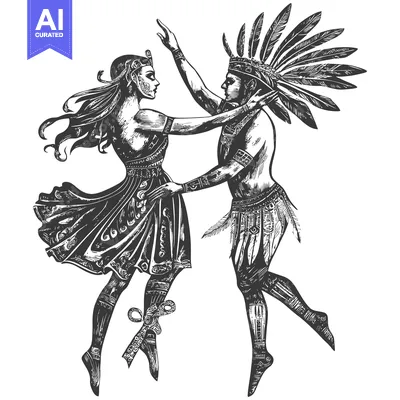 Aset desain premium: Indigenous Couple in Traditional Dress, Engaged in a Graceful Dance