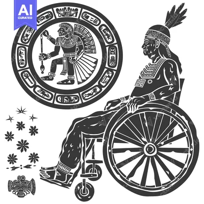 Aset desain premium: Indigenous Figure in Wheelchair with Ancient Symbols