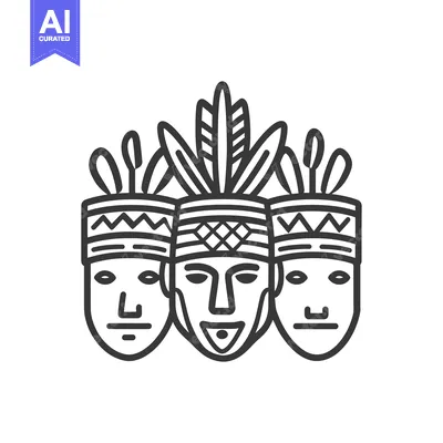 Aset desain premium: Three stylized tribal faces with feather headdresses and ornamentation
