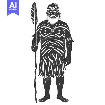 Aset desain premium: Indigenous Man with Spear and Traditional Clothing