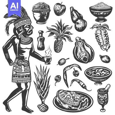 Aset premium populer: Indigenous Man with Traditional Clothing and Foods of Ancient America