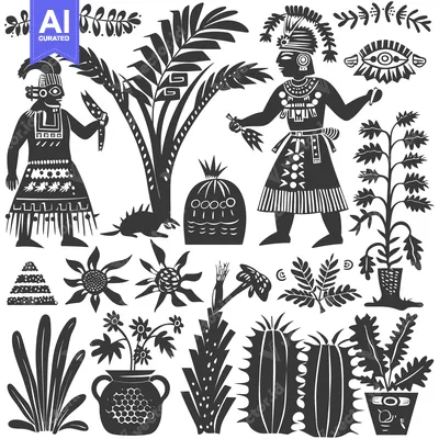 Aset desain premium: Indigenous People and Flora in Black and White Stylization