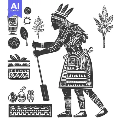 Aset desain premium: Indigenous Person with Traditional Clothing and Objects