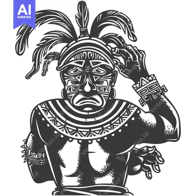Premium design asset: Indigenous Warrior with Elaborate Headpiece and Facial Tattoos