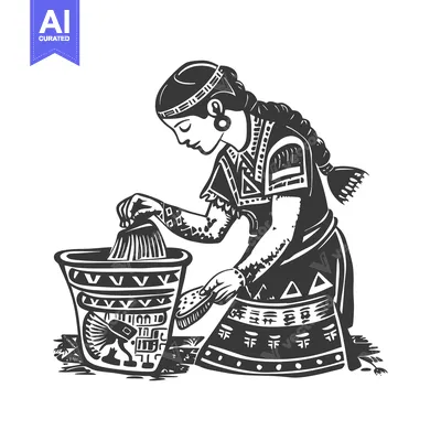 Aset premium populer: Indigenous Woman in Traditional Dress Planting Seeds in a Pot