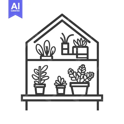 Aset premium populer: A geometric illustration of potted plants displayed on shelves