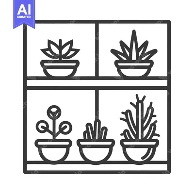 Aset premium populer: Line drawing of various potted plants in a display case