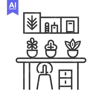 Aset premium populer: A simple line art illustration depicting an interior workspace scene