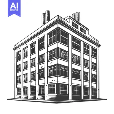 Aset desain premium: A three story brick factory building with chimneys