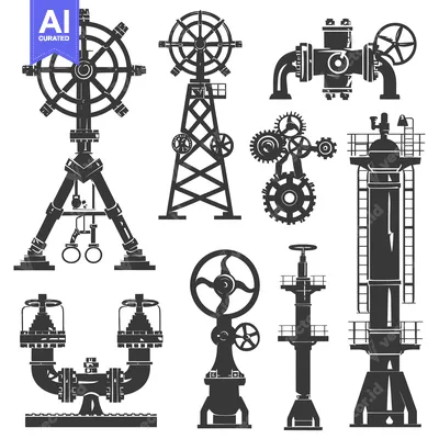 Aset desain premium: Industrial Valve and Gear Machinery Silhouettes