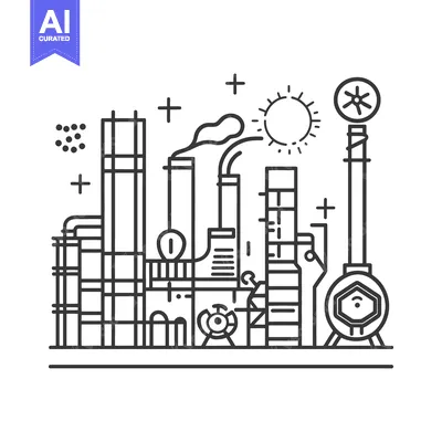 Premium design asset: A simple black and white illustration of an industrial factory