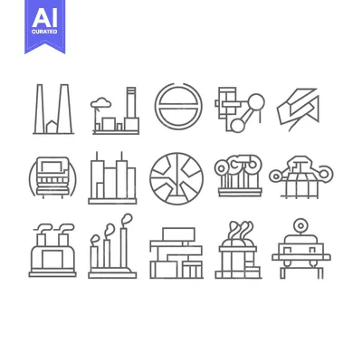 Aset desain premium: Collection of simple outline icons depicting architecture and industri