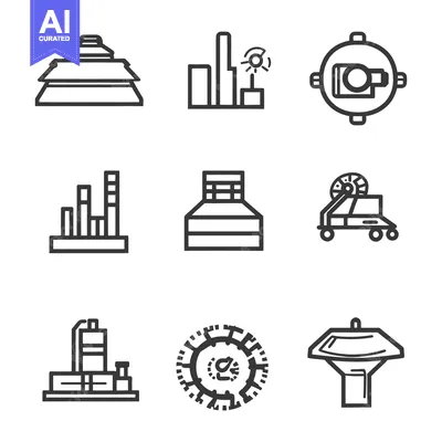Aset desain premium: Several Line Art Illustrations Depicting Various Industrial Structures