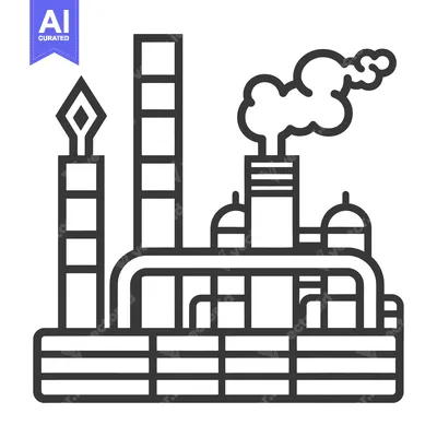 A black and white illustration of an industrial factory complex