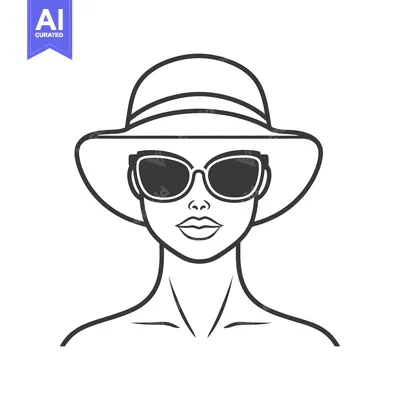 Aset desain premium: A simple line drawing of a woman wearing a hat and sunglasses