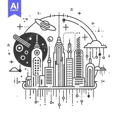 Premium design asset: A stylized illustration depicts a city skyline with space elements