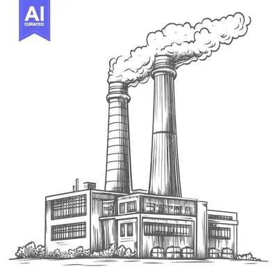 Aset desain premium: Industrial Factory Building With Tall Smoking Stacks