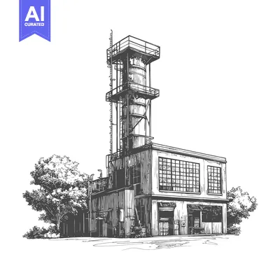 Premium design asset: Industrial Building with Tall Tower and Surrounding Trees