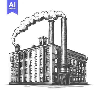 Aset desain premium: Industrial Factory Building With Smoke Stacks Emitting Smoke
