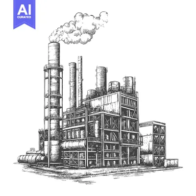 Aset desain premium: Industrial Factory Complex with Smoke Stack Emission
