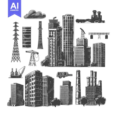 Aset desain premium: Cityscape Illustration Featuring Skyscrapers Factories and Infrastruct