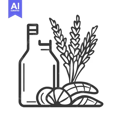 Illustration featuring bottle wheat nuts and various agricultural prod