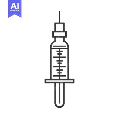 A black and white line drawing depicting a syringe