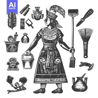 Premium design asset: Ink Illustration of a Mayan Priest with Ritual Objects