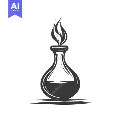 Aset desain premium: A stylized illustration shows a burning flask with liquid inside