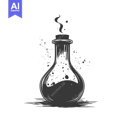 Aset premium populer: A black ink drawing of a glass bottle of potion