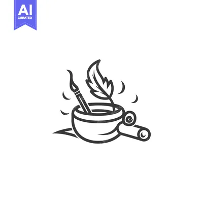 Premium design asset: Inkwell with Quill, Paintbrush, and Rolled Paper